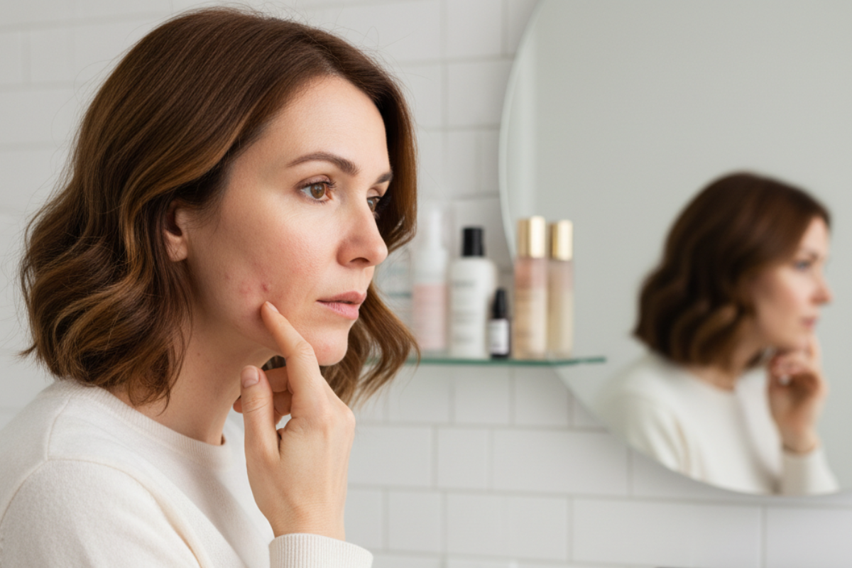Adult skin experiencing midlife breakouts supported with gentle skincare