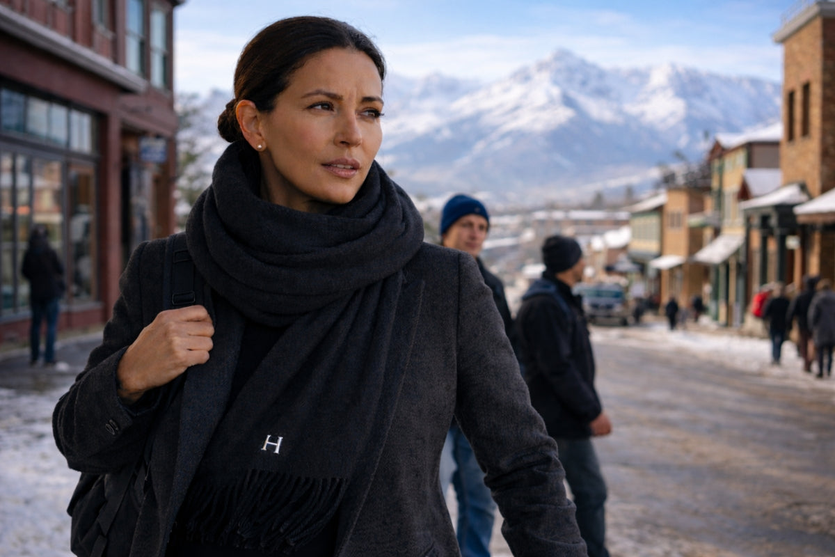 Confident woman in a high-altitude city environment with hydrated, resilient skin despite dry mountain air