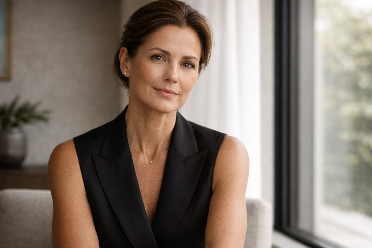 Confident woman in her 40s with calm, healthy skin, representing intentional skincare for women using peptides and biohacking protocols