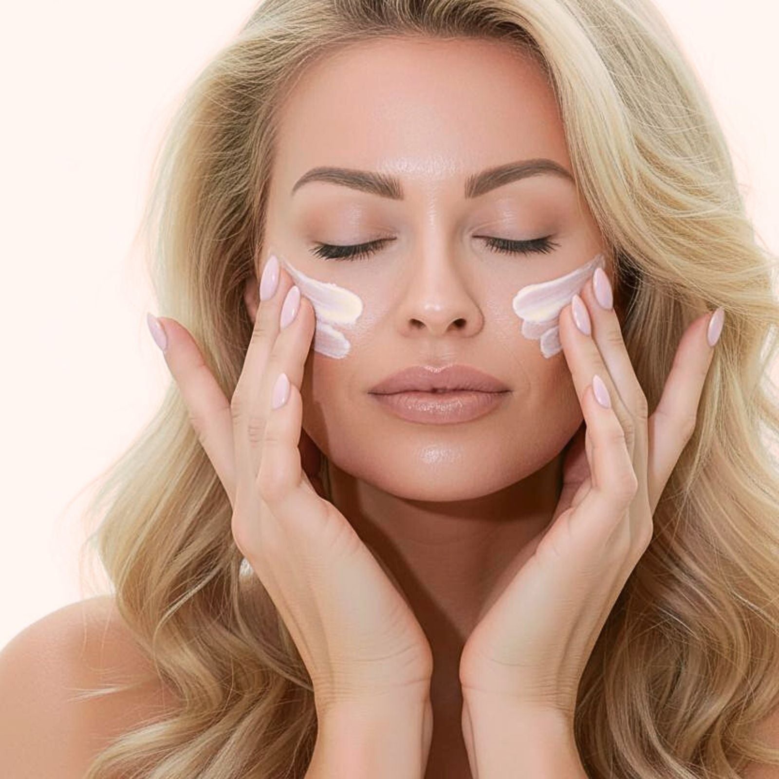 Cynthia Garcia applies cream to her cheeks with both hands, eyes closed, as part of her skincare ritual