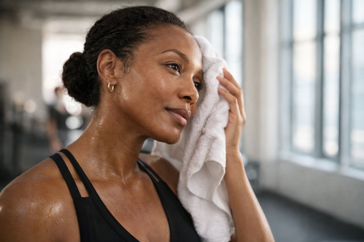 Person cooling down after exercise, wiping sweat and supporting skin hydration after a workout
