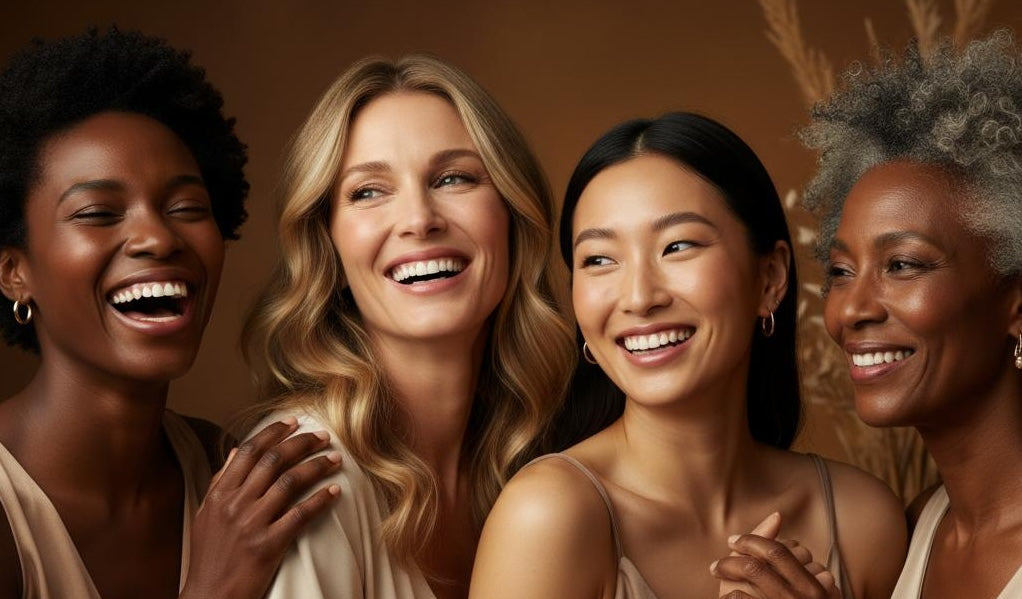 Four women of different ethnicities smiling and embracing each other against a warm brown background.